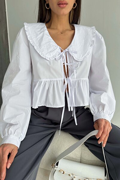 Eka Γυναικείο λευκό βρεφικό πουκάμισο με γιακά 1017-0149