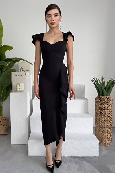 lovebox Women's Atlas Fabric Slit Design Shoulder Detailed Flounced Midi Black Evening Dress 256