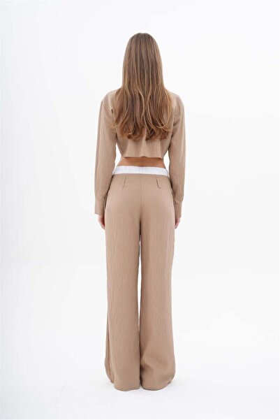 Lefon Beige Color Women's Crop Shirt and Boxer Pants Set - Wide Leg Fit