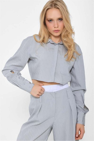 Lefon Gray Crop Shirt and Boxer Detailed Wide Leg Trousers Set - BG Striped