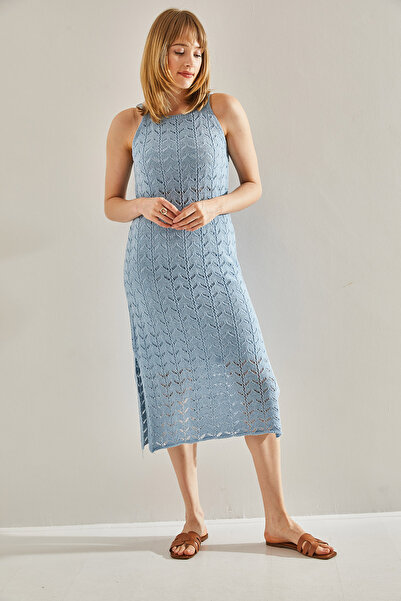 Bianco Lucci Women's Openwork Dress - Square Collar, Slit Detail and Lining, Model No:20246112