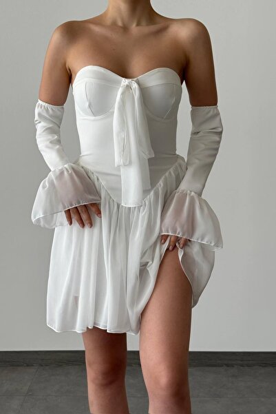 WOMAN VISION Women's White Lined Chiffon Fabric Halter Neck and Gloves Access...