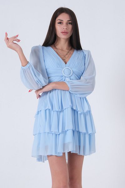 Feminist Rochie de seara mini din sifon cu volane, decolteata, albastru 9705278