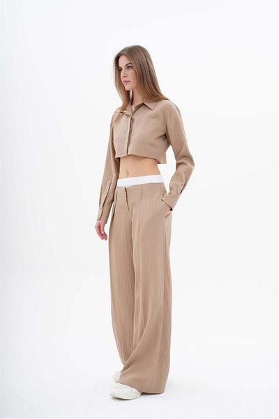 Lefon Beige Color Women's Crop Shirt and Boxer Pants Set - Wide Leg Fit
