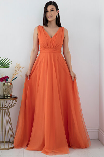 PULLIMM V Yaka Sıfır Kol Işıltılı Tül Elbise 13412