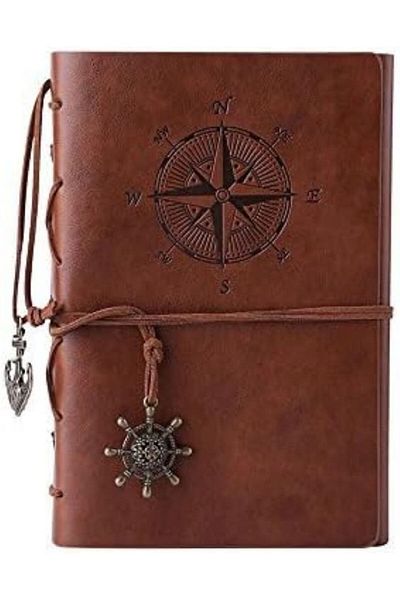 CAVAŞ sun hat Brown Leather Commemorative Book Compass Pattern Embroidered Vintage Notebook