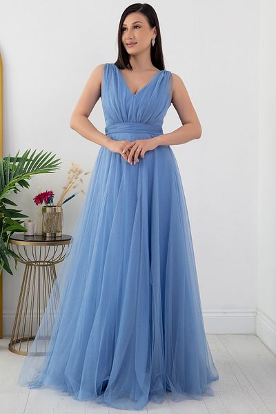 PULLIMM V-Neck Zero Sleeve Glittering Tulle Dress 13412