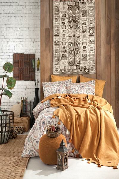 İyi Geceler İstanbul Σετ Παπλωματοθήκη Boho Chic Διπλή Φούντα - Μουστάρδα