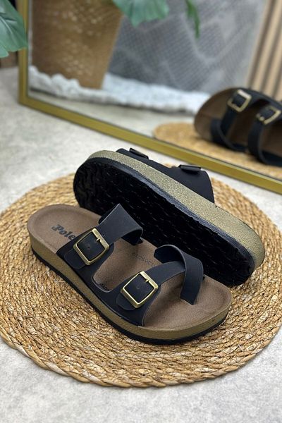 Nstil Daily Women's Black Slippers Single Toe Comfortable Cork Sole Buckle Adjustable Sandals 34162