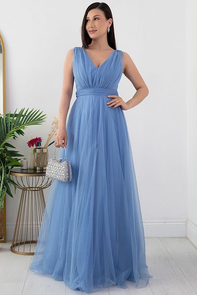 PULLIMM V-Neck Zero Sleeve Glittering Tulle Dress 13412