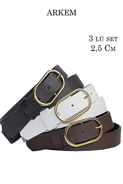 Arkem Kemer Gold Serisi 3 lü Set Kadın Kemer Siyah-Kahve-Beyaz