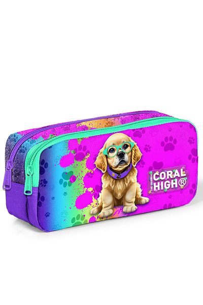 Coral High Set școală pentru copii cu model de câine violet roz - rucsac cu trei compartimente și suport pentru stilou 23649