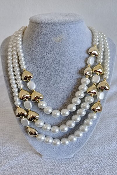 Boox99 3'lü Kalp Temalı İnci Kolye Gold