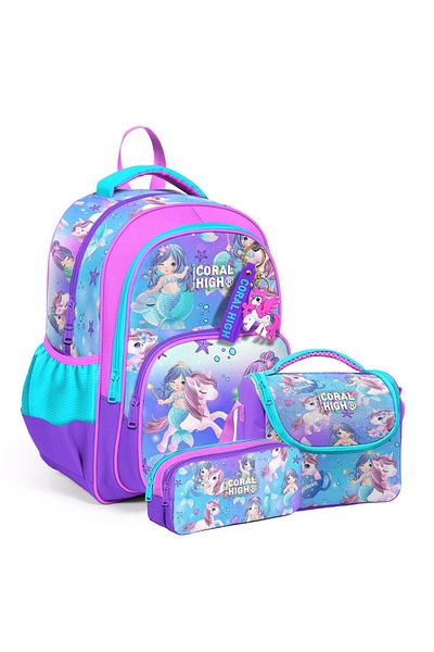 Coral High Rucsac de școală cu 3 compartimente cu model de sirenă cu unicorn violet și roz - 23657