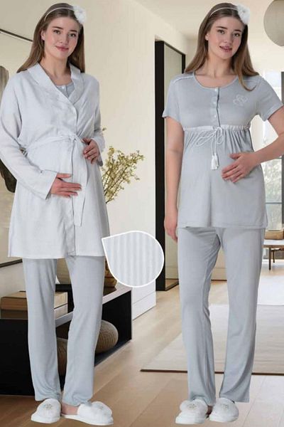 Lohussa Gray Striped Design - Maternity Maternity Pajamas and Dressing Gown Set