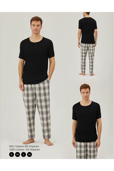 Pamuk & Pamuk COTTON&COTTON SOFT TEXTURED BUTTONED COLLAR SHORT SLEEVES MEN'S PAJAMAS SET
