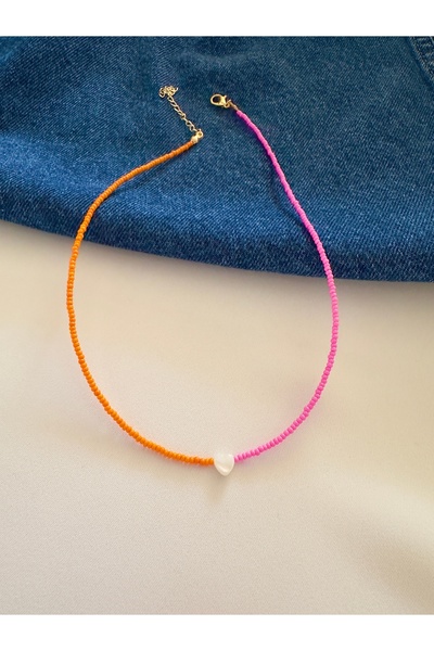 Atelier Çağla Orange Pink Mother of Pearl Heart Bead Necklace