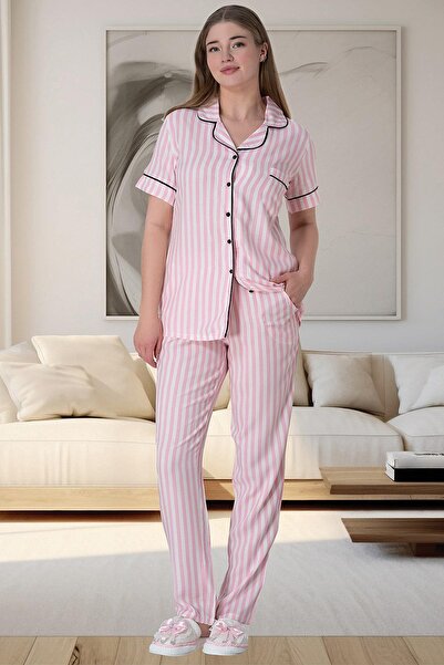 by İGP Roze Prugasto Na dugmad sprijeda Pamuk komad ženske Sezonsko pidžame set