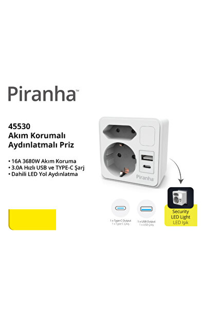 Piranha 45530 Akıllı Priz USB + Type-C LED Işıklı Termal Akım Korumalı