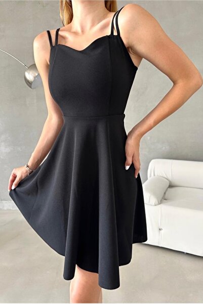 WOMAN VISION Kadın Siyah Esnek Krep Kumaş Degaje Yaka Çift Askı Tasarım Mini ...