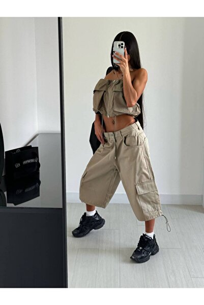 Alien 1979 Bej renk geniş kesim kargo cepli bermuda şort
