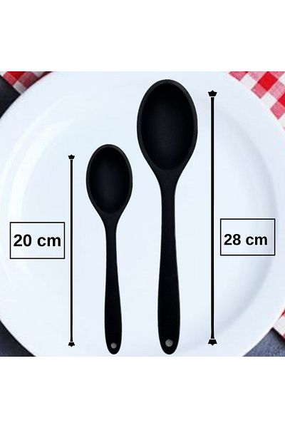 Multiamo Hard Tip Heat Resistant Fireproof Non-Stick Silicone Long Spoon 28 Cm Short Deep Spoon 20 Cm / 2 PCS