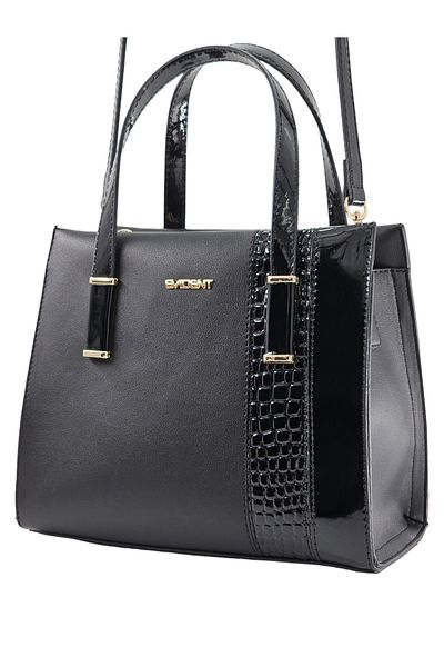 Evident Black & Patent Leather Drop Pattern Stripe Detailed Cross Shoulder Strap Women's Handbag