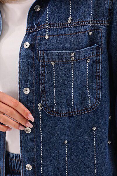 WestBound Women's Yağmut Motif Stone Embroidered Hijab Bottom Top Jeans Set Dark Blue