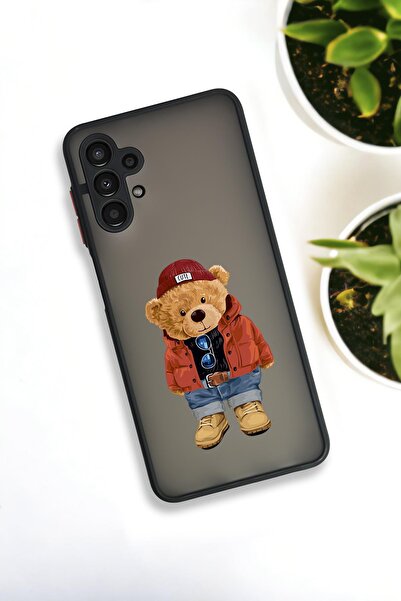 mooodcase Samsung A13 Uyumlu Teddy Bear Desenli Buzlu Şeffaf Lüx Telefon Kılıfı