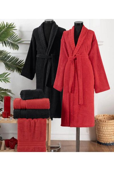 ALTINBAŞAK TEKSTİL Altınbaşak Family Σετ Ρόμπα Pure & Soft { M-l } Κόκκινο Μαύρο
