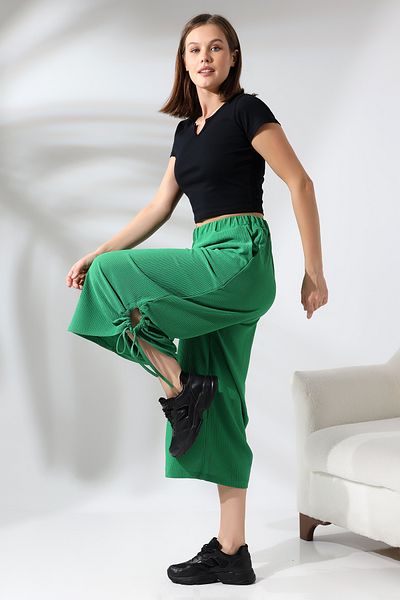 Ladies Bürümcük Fabric Side Slit and Pinched Loose Trousers 21098 GREEN