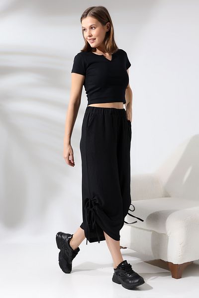 Ladies Bürümcük Fabric Side Slit and Pinched Loose Trousers 21098 BLACK