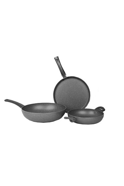 Mehtap Gray 3-Piece Pan Set (28cm Wok + 26cm Crepe + 20cm Pan)