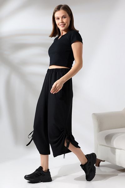 Ladies Bürümcük Fabric Side Slit and Pinched Loose Trousers 21098 BLACK