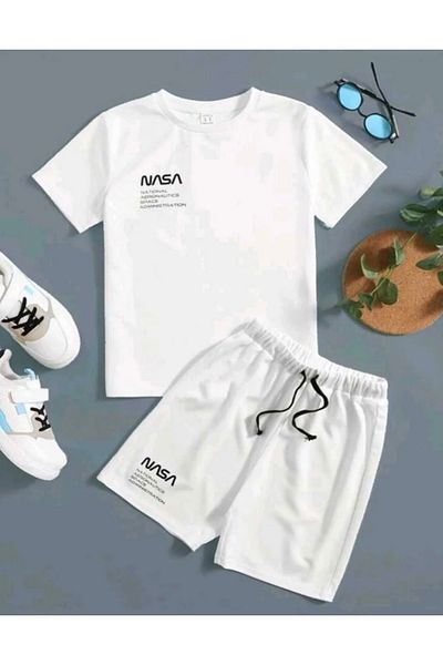 KİDS FACE SPECIAL DESIGN BIKING COLLAR BLACK NASA PRINTED MODERN MEN'S T-SHIRT SHORTS SET