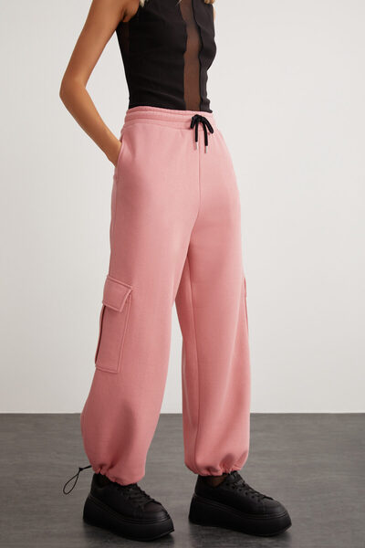 GRIMELANGE Tegan Kadın Beli Lasitkli Kargo Cepli Nakış Işlemeli Pembe Eşofman Altı