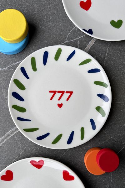 porselenden Lucky 777 6 Persons 19 cm Special Design Premium Porcelain Cake Plate Set Manifest Heart Patterned