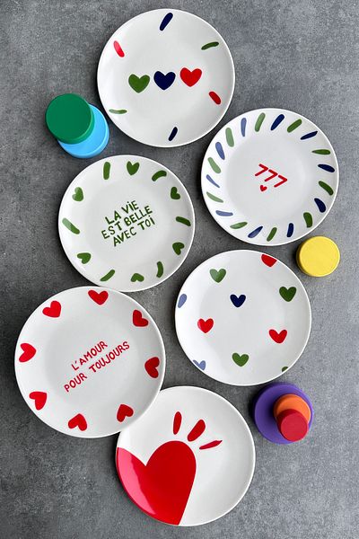 porselenden Lucky 777 6 Persons 19 cm Special Design Premium Porcelain Cake Plate Set Manifest Heart Patterned