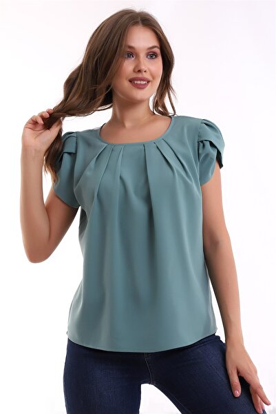 GLAMIFY FASHION Yuvarlak Pileli Yakalı Kol Detaylı Rahat Kesim Kısa Kol Şık V...