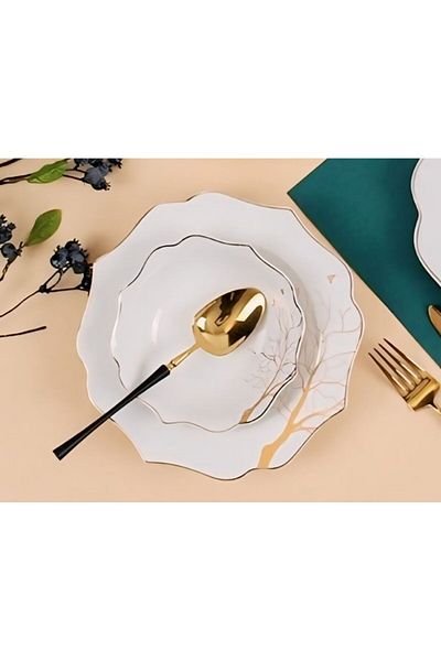 COOKCASE Symbol Tree Tree Pattern White Gold Porcelain Cornered FLUFFY PLATE Exelans-290