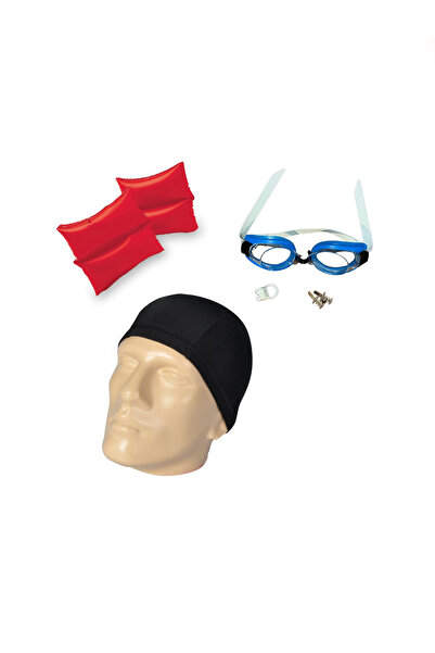 Intex 25X17 cm Double Knuckle Sleeve (6-12) Age, Cloth Cap, Swimming Goggles and Ear Nose Plug Set