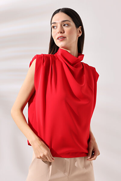 Butik Beyza Women's Degaje Collar Flowing Blouse with Padded Shoulders