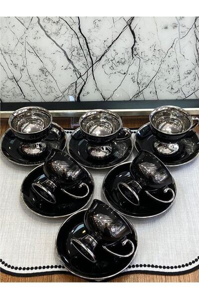 Sembol Siyah Gümüş Tüy 6 Kişilik Porselen Kahve Fincan Takımı Harlem-670