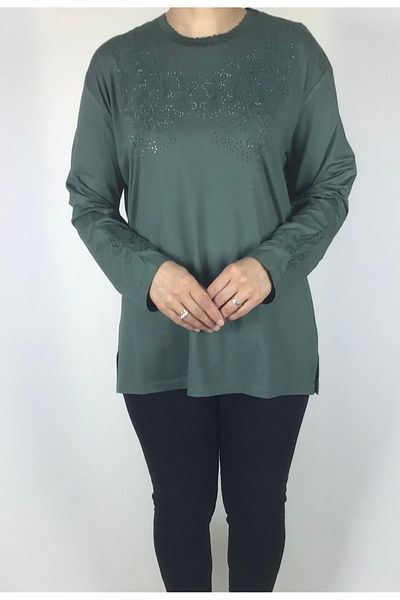 ECE GİYİM Μπλούζα μεγάλου μεγέθους Lycra Viscose - Λεπτομέρεια από πέτρα και κεντημένο γιακά και μανίκια