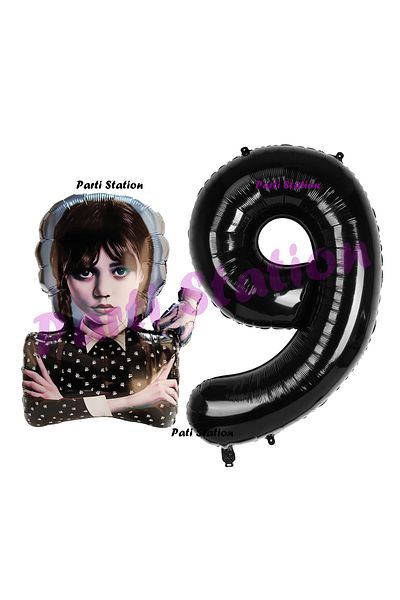 Parti Station 9 Year Old Wednesday Addams Birthday Balloon and Black Figure Party Set
