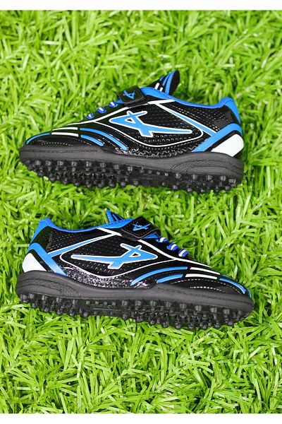 ZİRVE MAĞAZA New Season Young Children's Patent Leather Blue Black Football Boots - Threaded and Velcro Astroturf Field Shoes