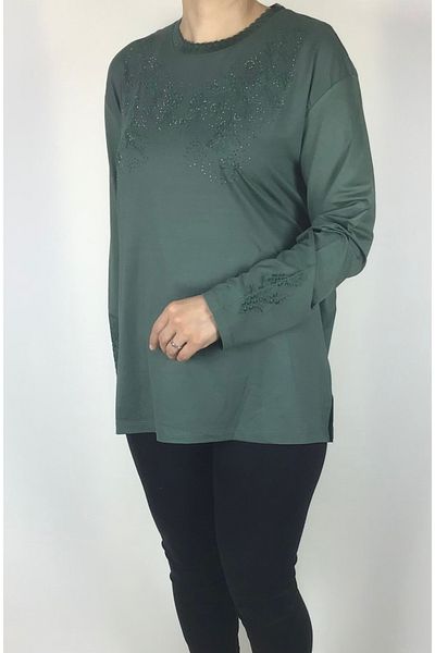 ECE GİYİM Μπλούζα μεγάλου μεγέθους Lycra Viscose - Λεπτομέρεια από πέτρα και κεντημένο γιακά και μανίκια
