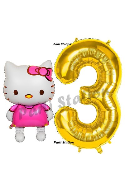 Parti Station Hello Kitty 3 Year Old Birthday Party Set - Balloon and Gold Nu...