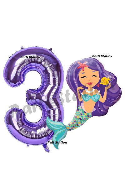 Parti Station 3 Year Old Mermaid Balloon and Purple Number Birthday Party Set