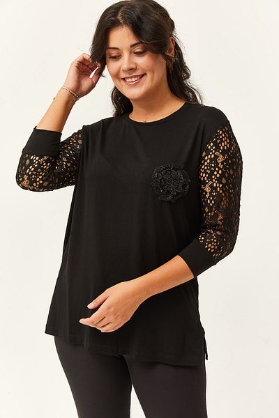 Ebsumu Women's Plus Size Transparent Sleeve Black Blouse